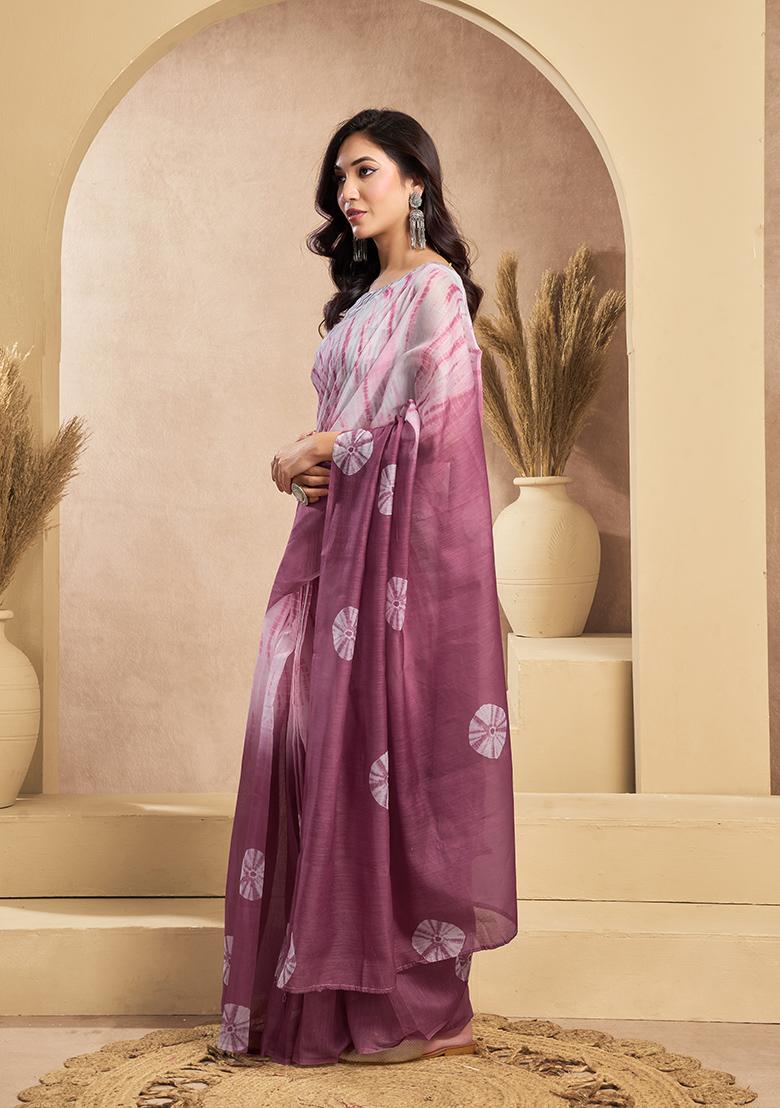 Multicolor Printed Linen Saree Set - Indya