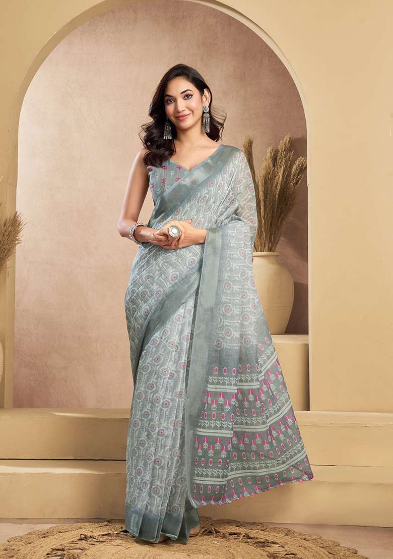 Grey Printed Linen Saree Set - Indya