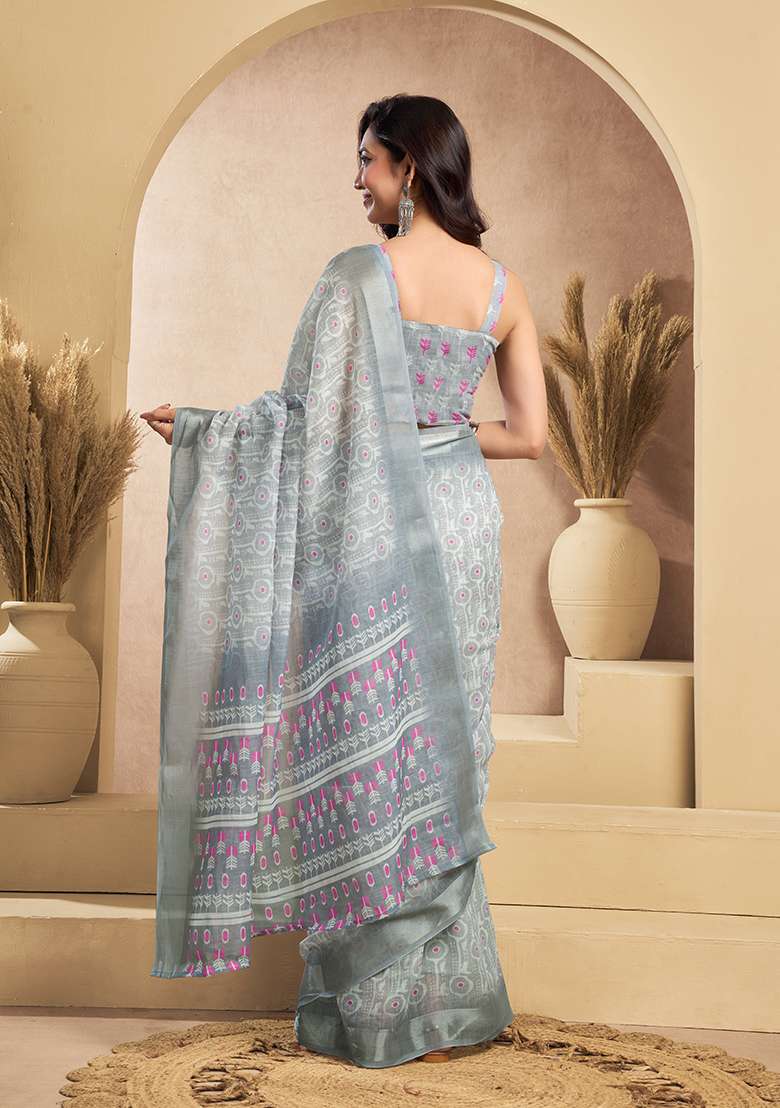Grey Printed Linen Saree Set - Indya