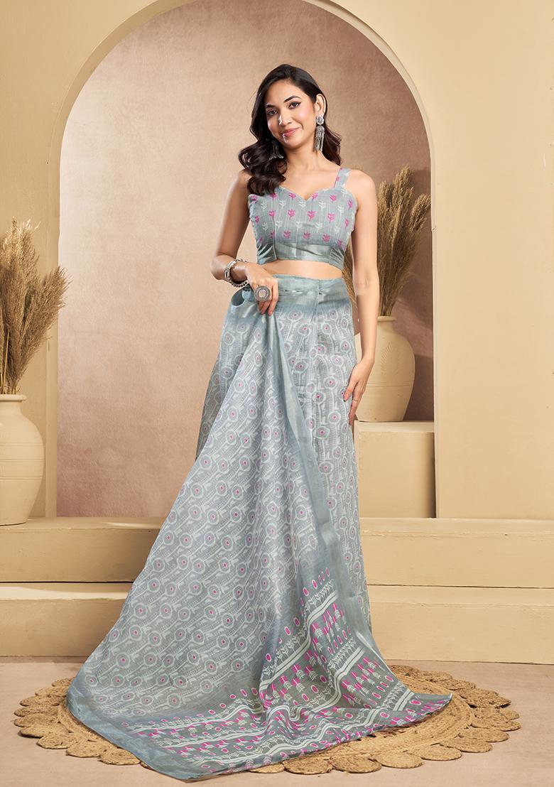 Grey Printed Linen Saree Set - Indya