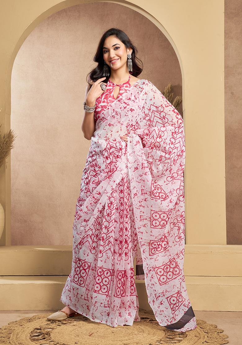Multicolor Printed Linen Saree Set - Indya