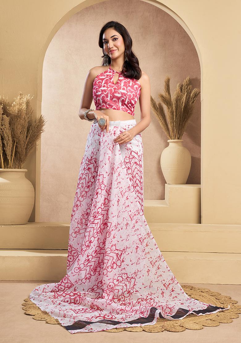 Multicolor Printed Linen Saree Set - Indya