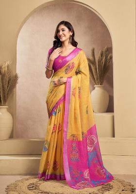Yellow Printed Linen Saree Set