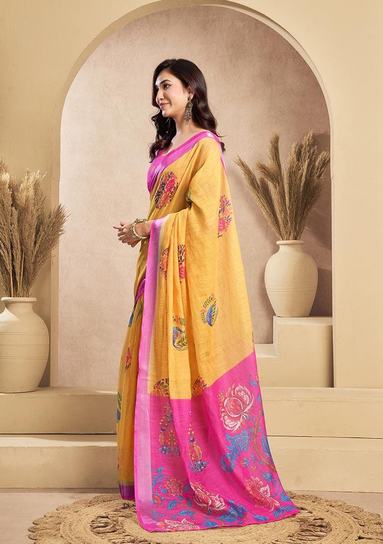 Yellow Printed Linen Saree Set - Indya