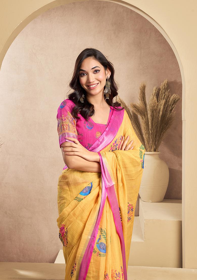 Yellow Printed Linen Saree Set - Indya
