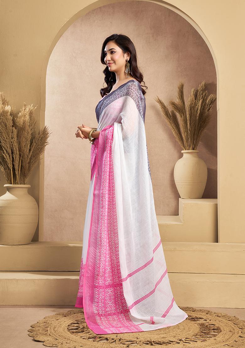 Multicolor Printed Linen Saree Set - Indya
