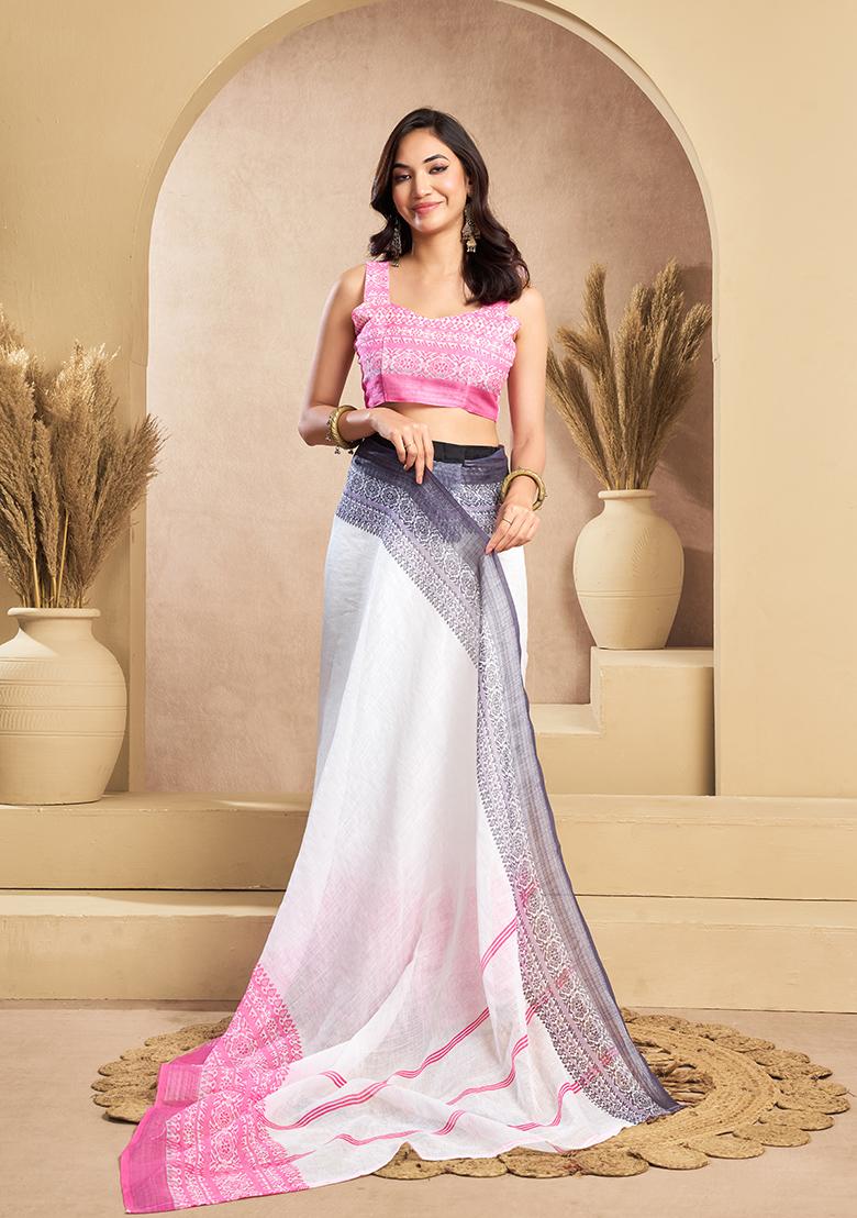 Multicolor Printed Linen Saree Set - Indya