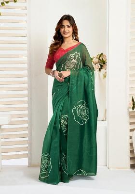 Green Printed Linen Saree Set