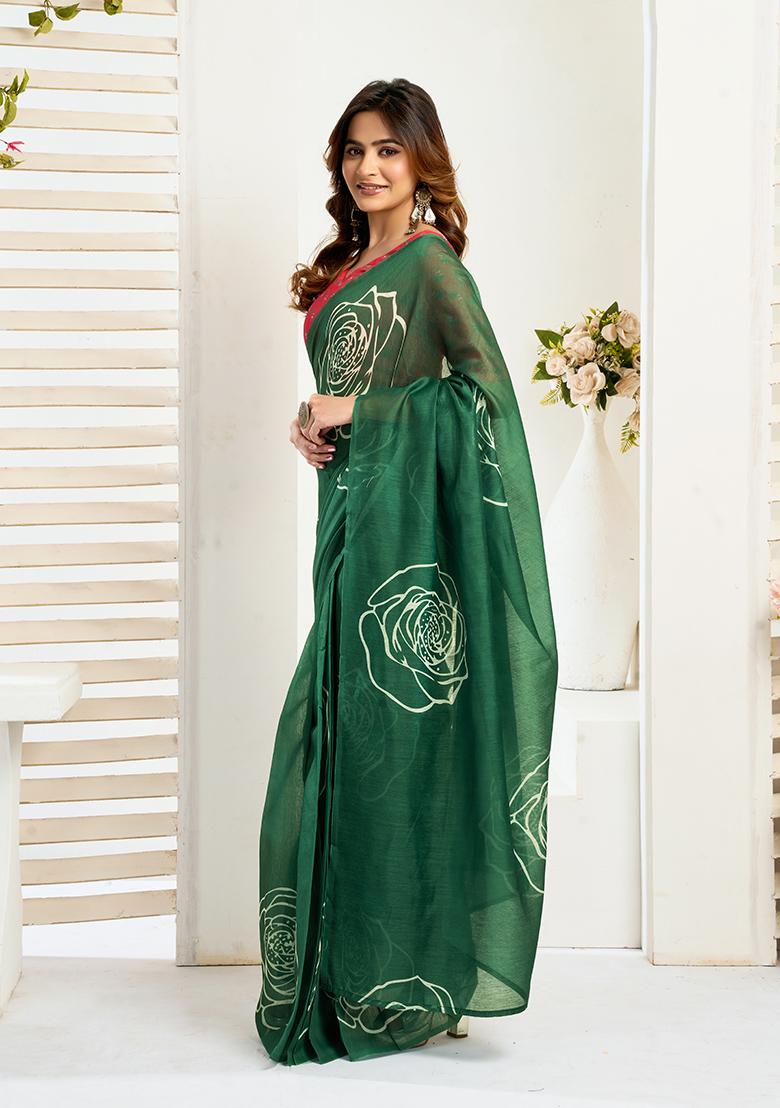 Green Printed Linen Saree Set - Indya