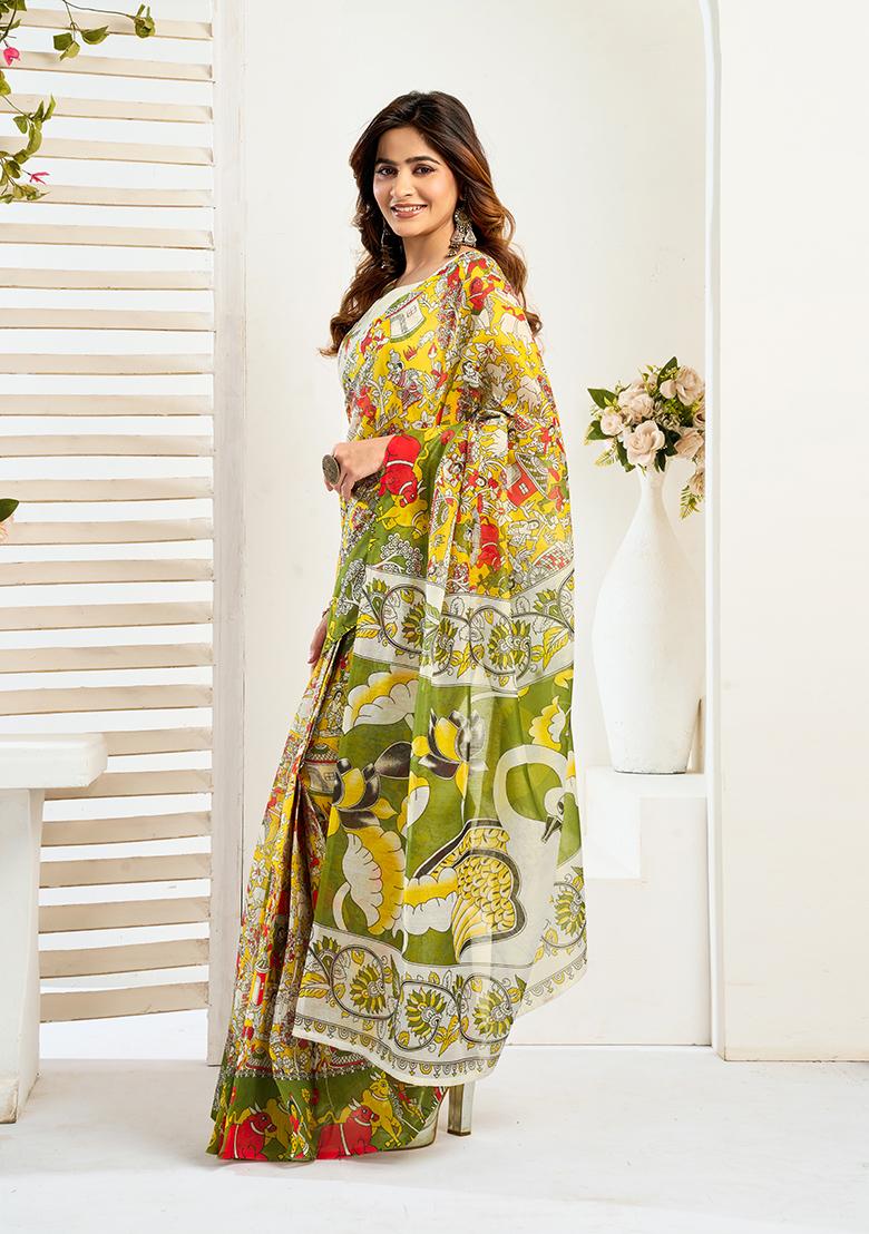 Multicolor Printed Linen Saree Set - Indya