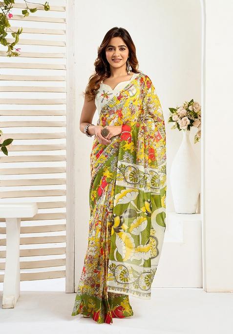 Multicolor Printed Linen Saree Set