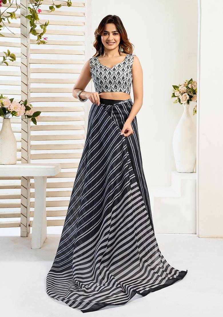 Multicolor Printed Linen Saree Set - Indya