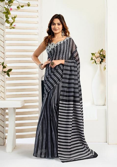 Multicolor Printed Linen Saree Set