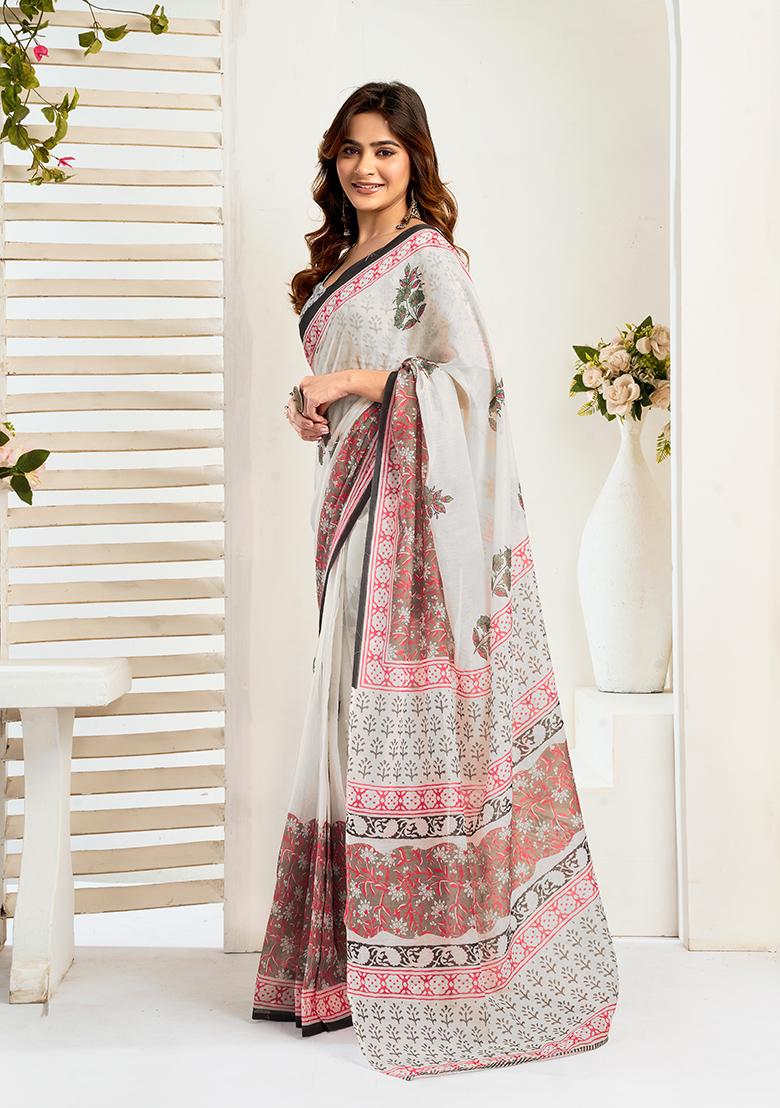 Multicolor Printed Linen Saree Set - Indya