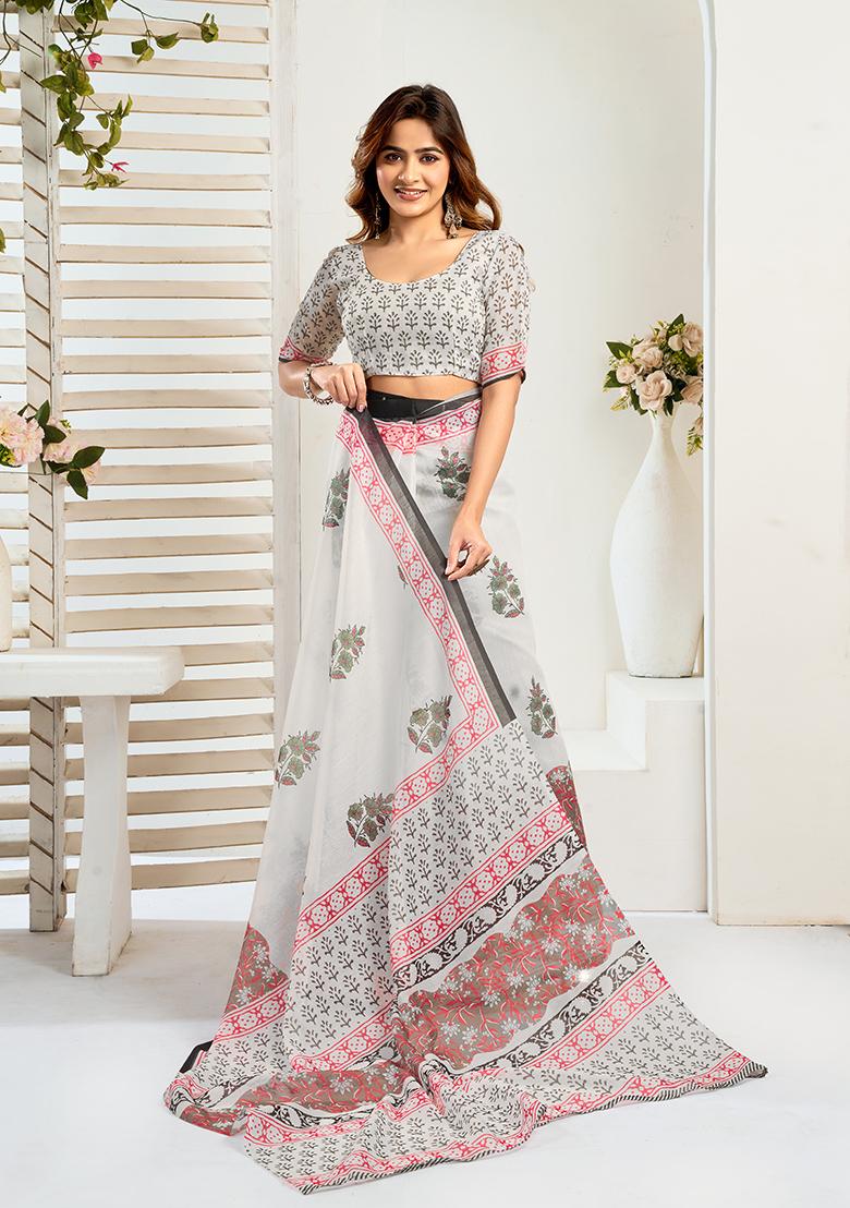 Multicolor Printed Linen Saree Set - Indya