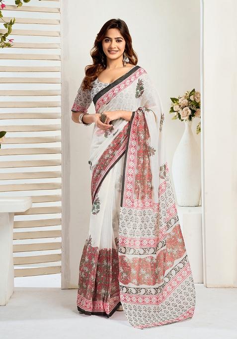 Multicolor Printed Linen Saree Set