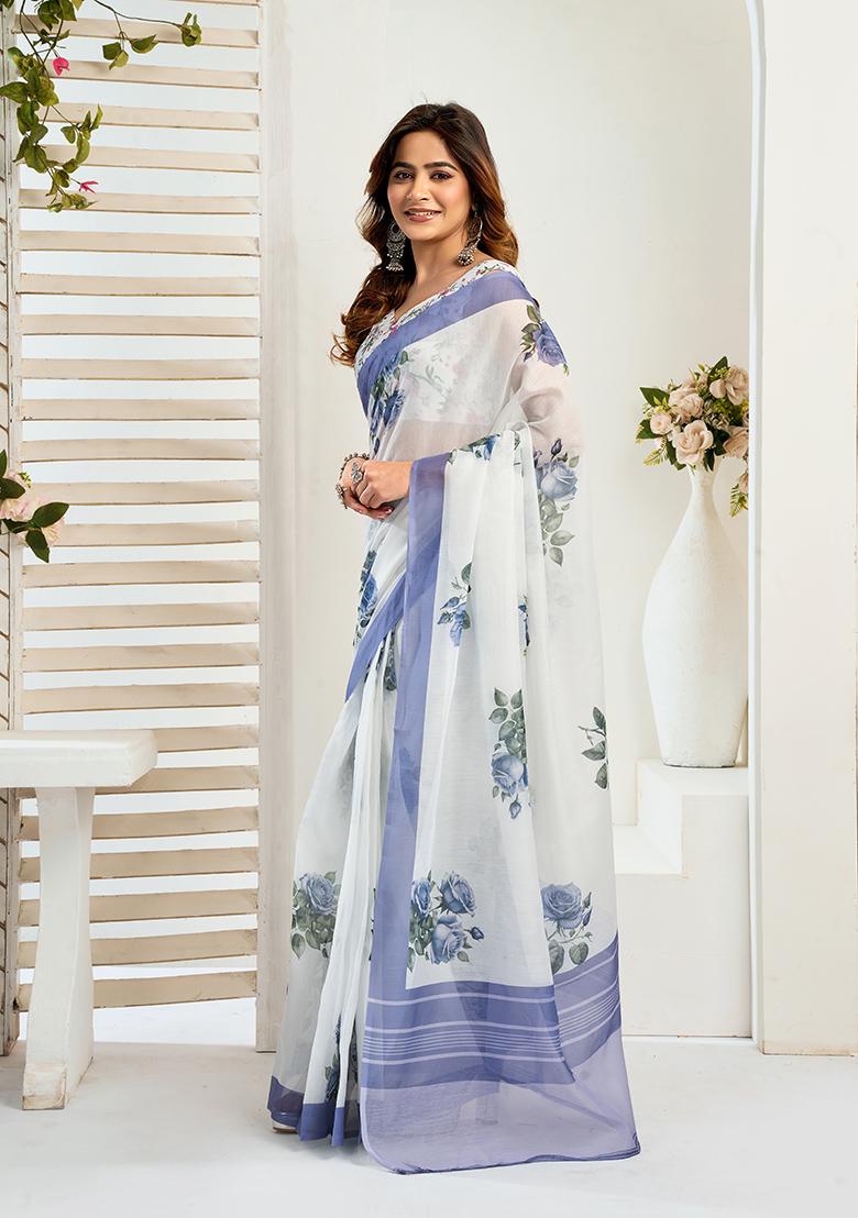 Multicolor Printed Linen Saree Set - Indya