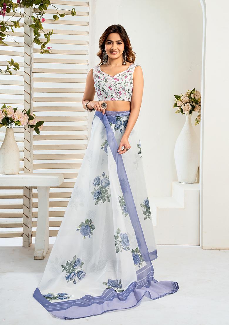 Multicolor Printed Linen Saree Set - Indya