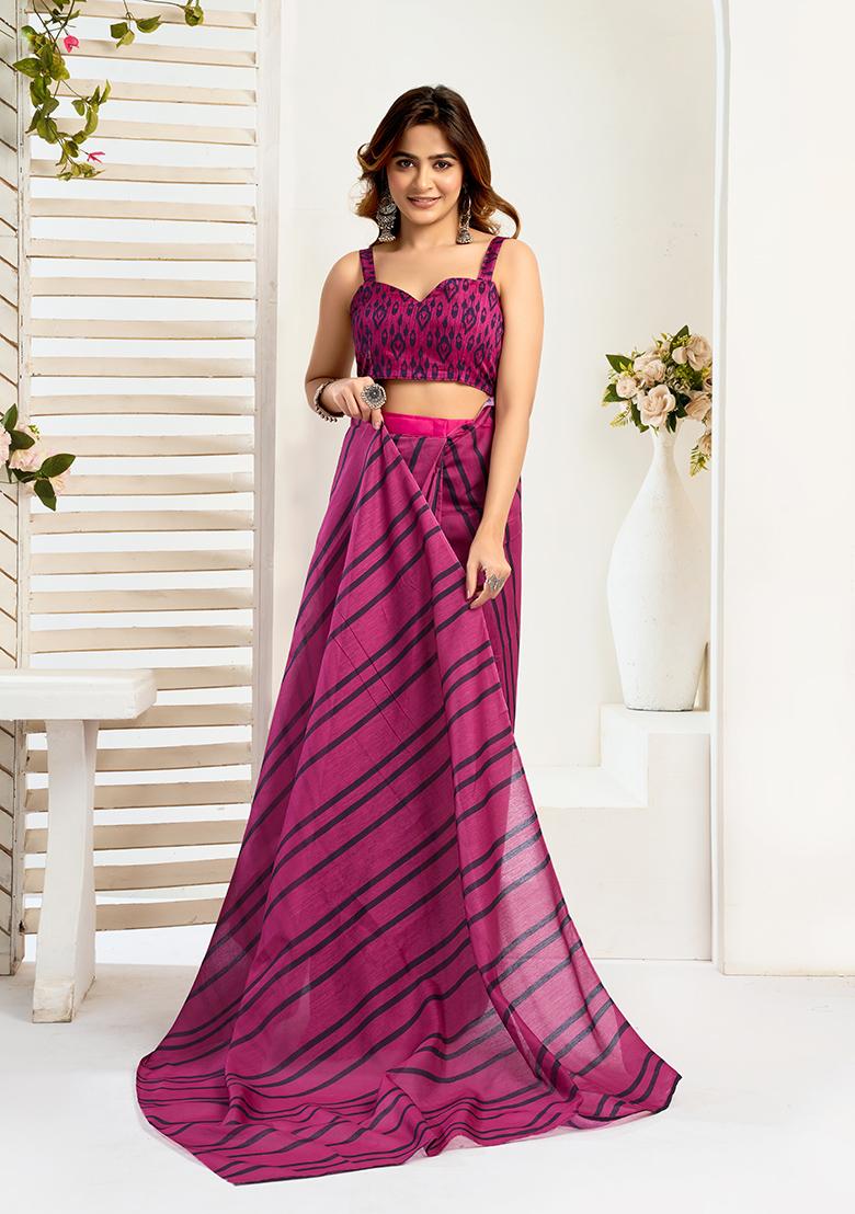 Multicolor Printed Linen Saree Set - Indya