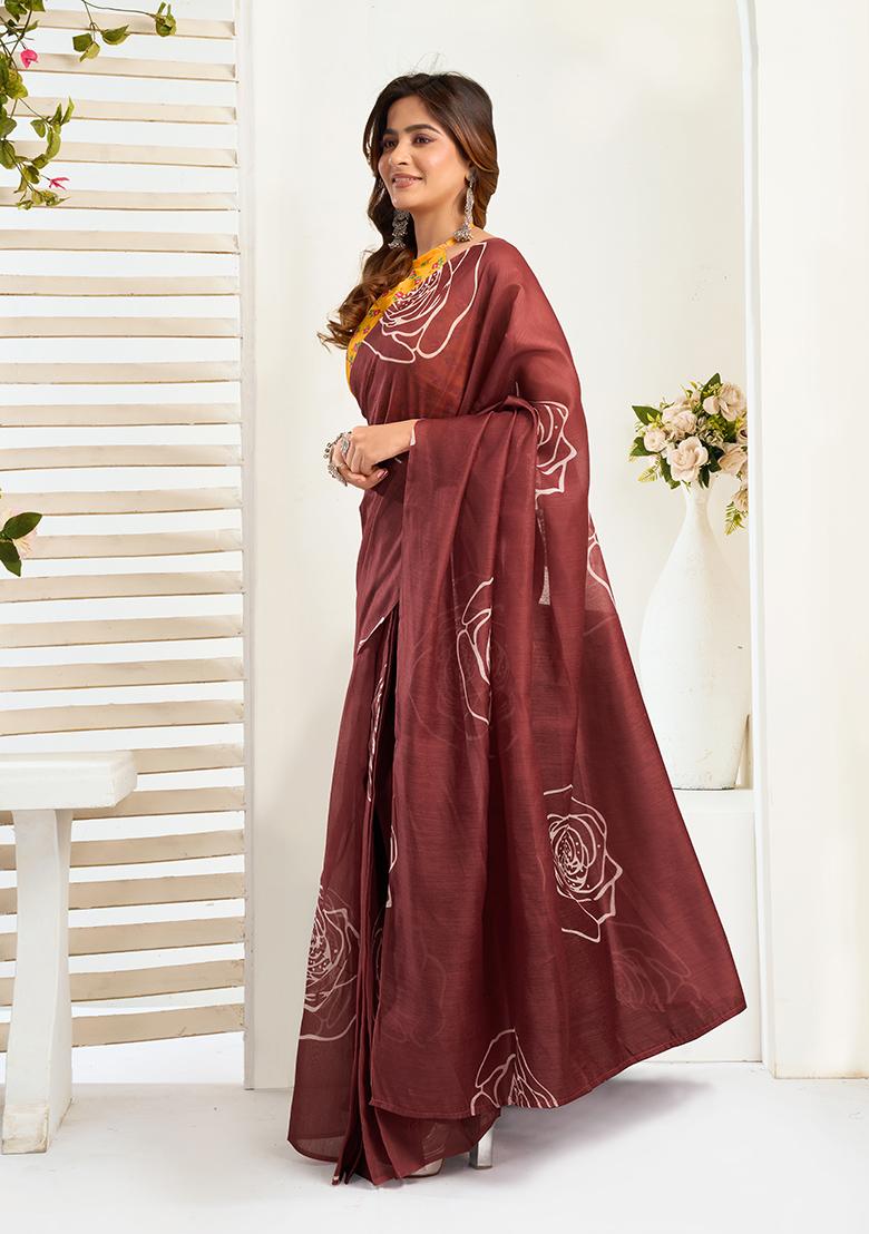 Coffee Printed Linen Saree Set - Indya