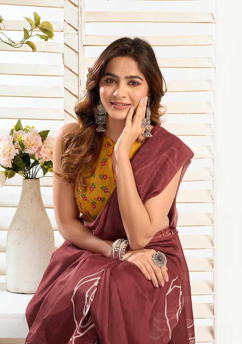 Coffee Printed Linen Saree Set - Indya