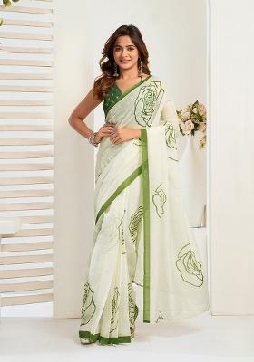 Off White Printed Linen Saree Set