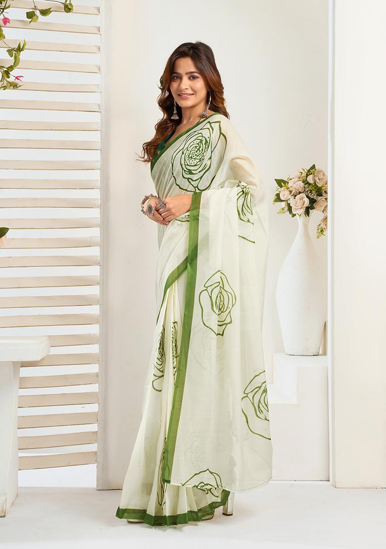 Off White Printed Linen Saree Set - Indya