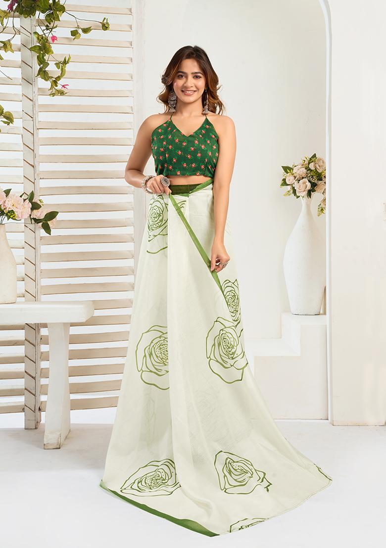 Off White Printed Linen Saree Set - Indya