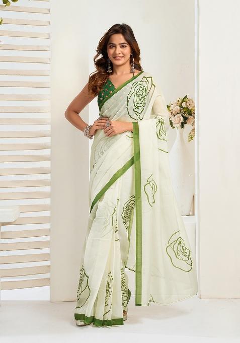 Off White Printed Linen Saree Set