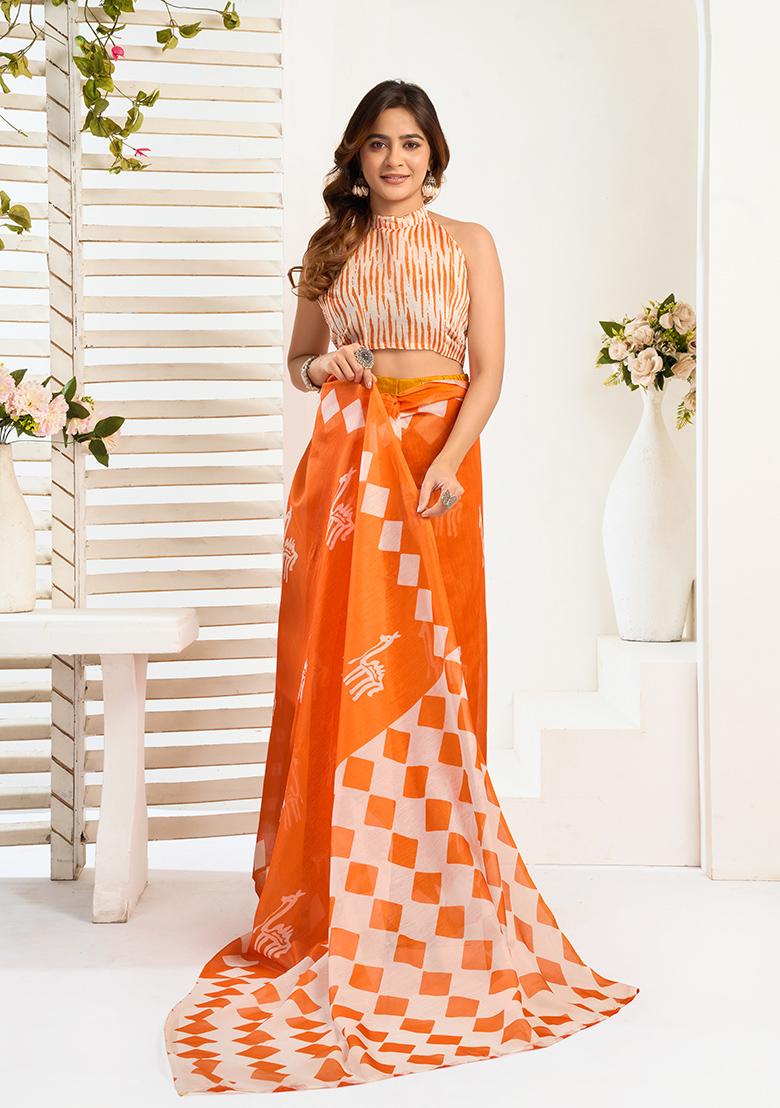 Orange Printed Linen Saree Set - Indya