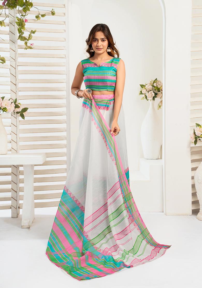 Multicolor Printed Linen Saree Set - Indya