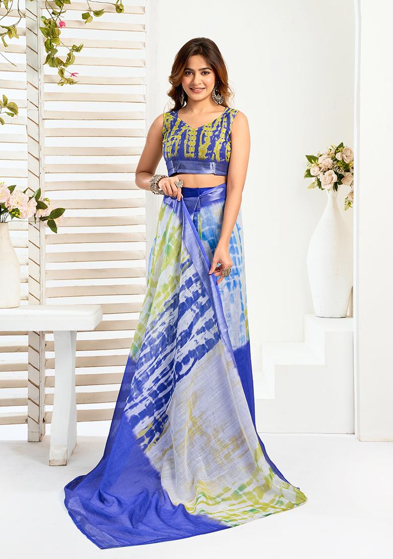 Multicolor Printed Linen Saree Set - Indya