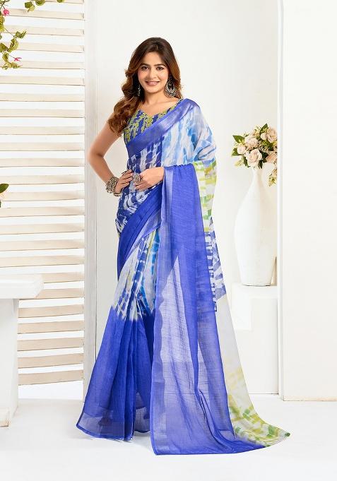 Multicolor Printed Linen Saree Set