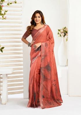 Dusty Rose Printed Linen Saree Set
