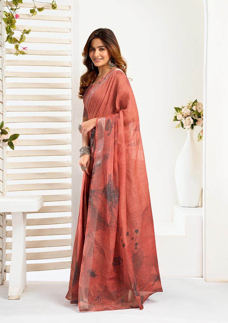 Dusty Rose Printed Linen Saree Set - Indya