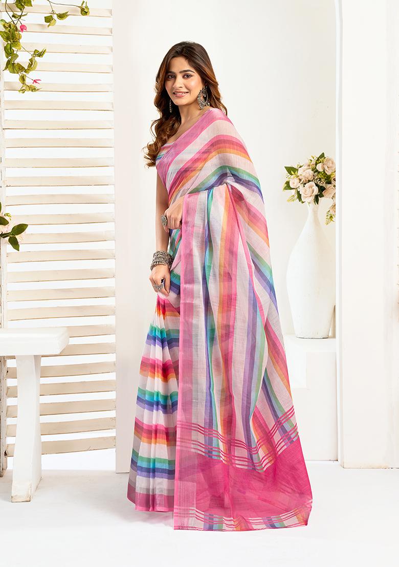Multicolor Printed Linen Saree Set - Indya