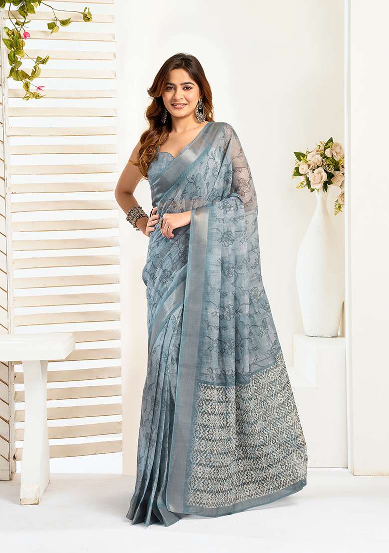 Grey Printed Linen Saree Set - Indya