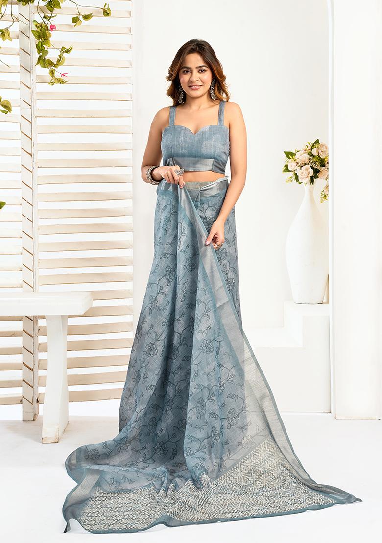Grey Printed Linen Saree Set - Indya