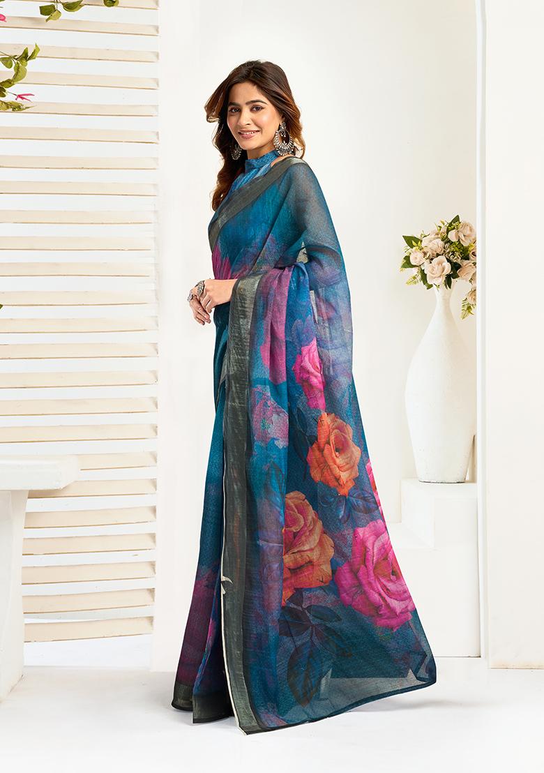 Multicolor Printed Linen Saree Set - Indya
