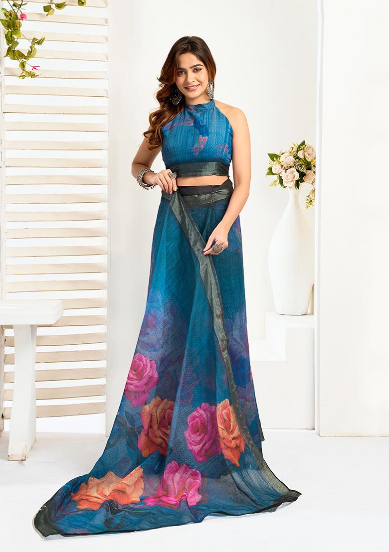 Multicolor Printed Linen Saree Set - Indya