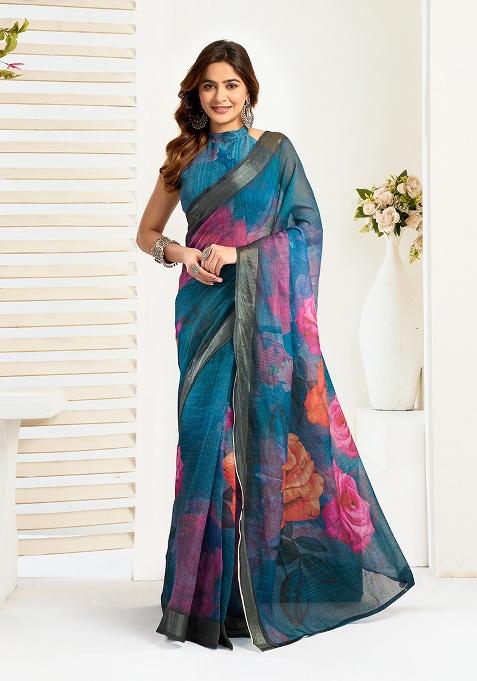 Multicolor Printed Linen Saree Set