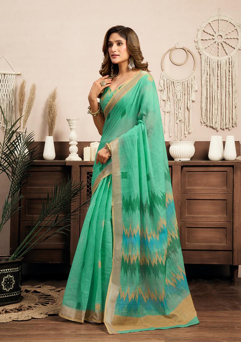 Multicolor Printed Linen Saree Set - Indya