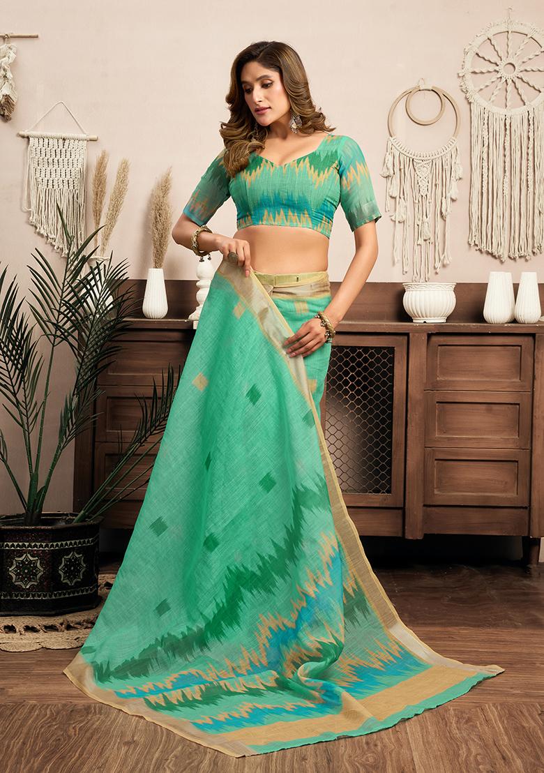 Multicolor Printed Linen Saree Set - Indya