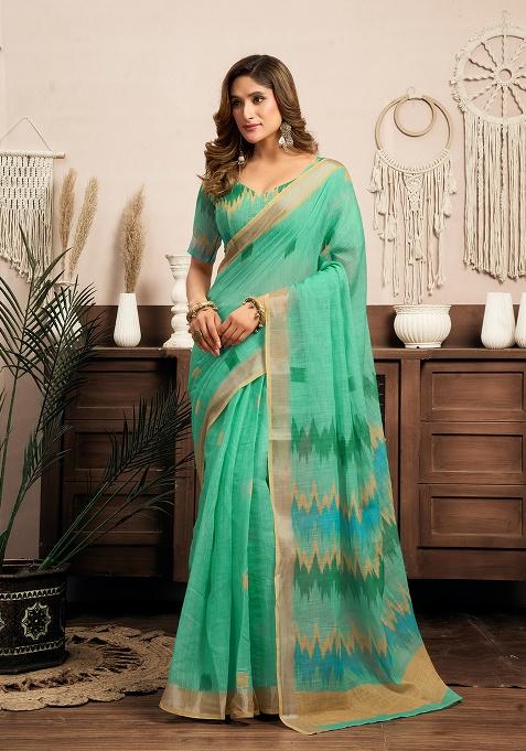 Multicolor Printed Linen Saree Set