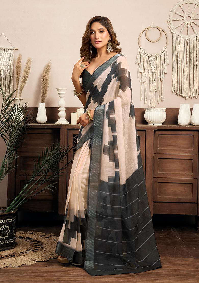 Multicolor Printed Linen Saree Set - Indya