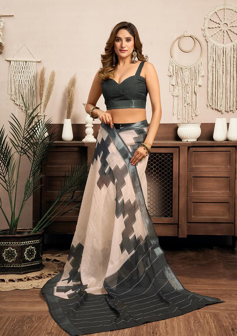 Multicolor Printed Linen Saree Set - Indya