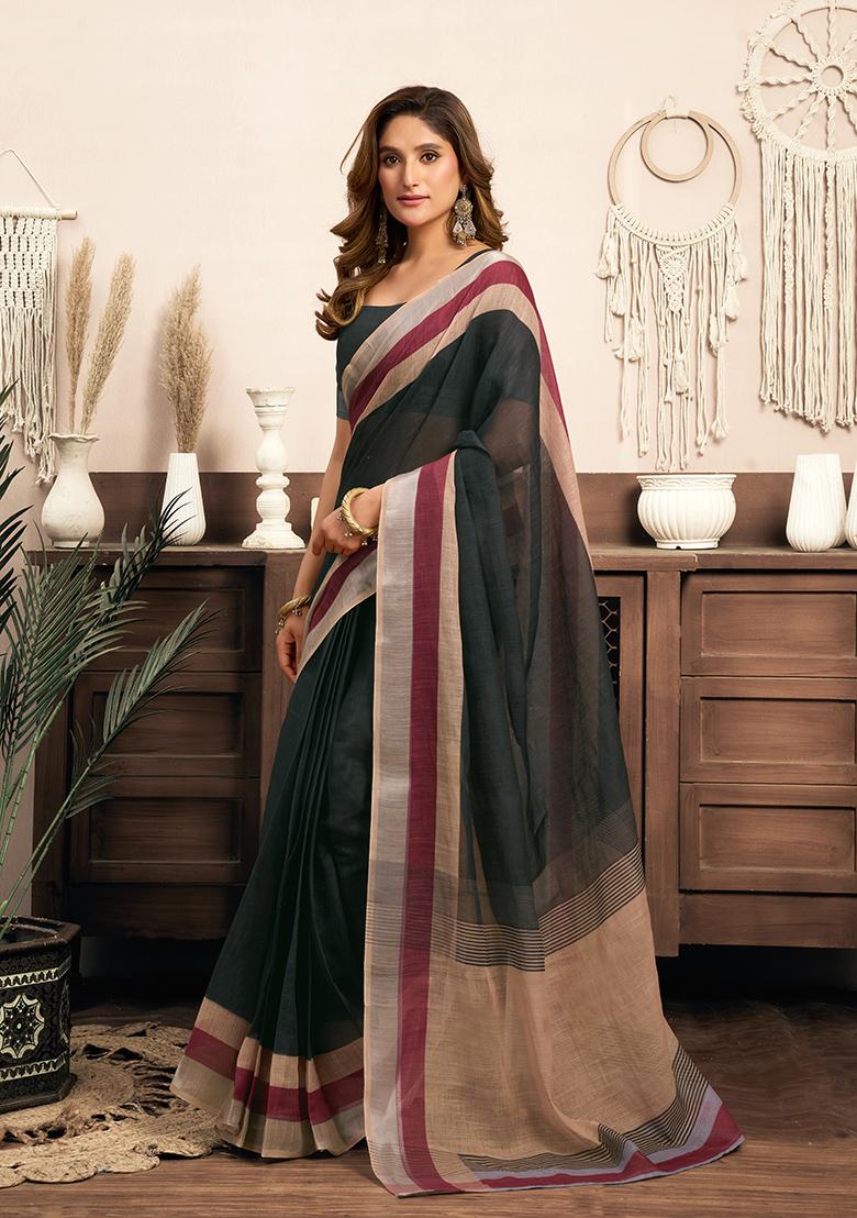 Multicolor Printed Linen Saree Set - Indya