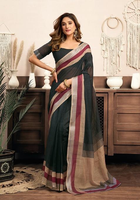 Multicolor Printed Linen Saree Set