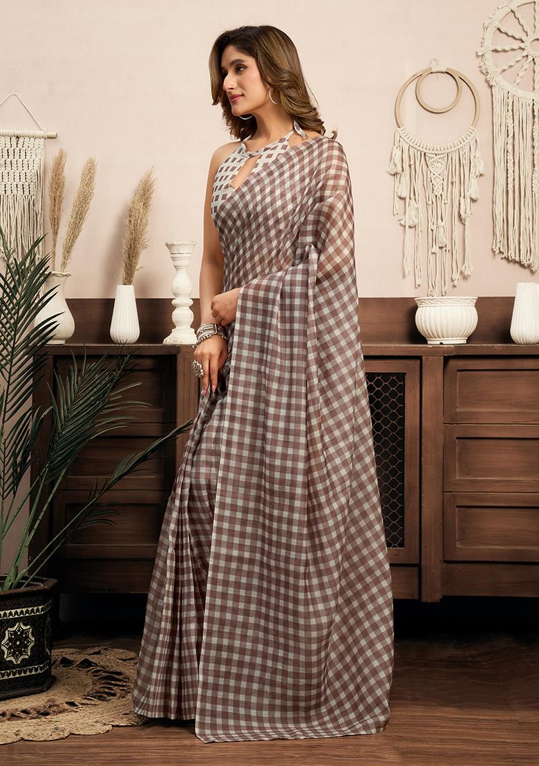 Multicolor Printed Linen Saree Set - Indya