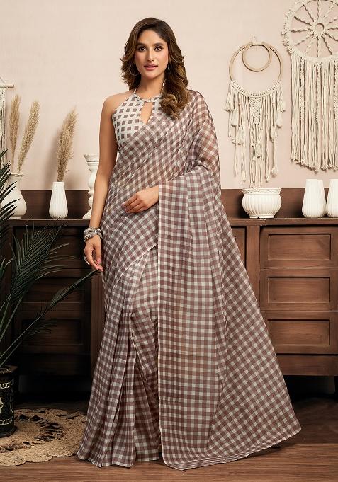 Multicolor Printed Linen Saree Set